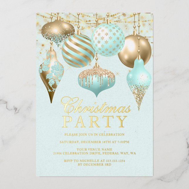 Elegant Aqua Gold Ornaments Christmas Party (Front)