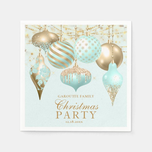 Elegant Aqua Gold Ornaments Christmas Party Napkin (Front)