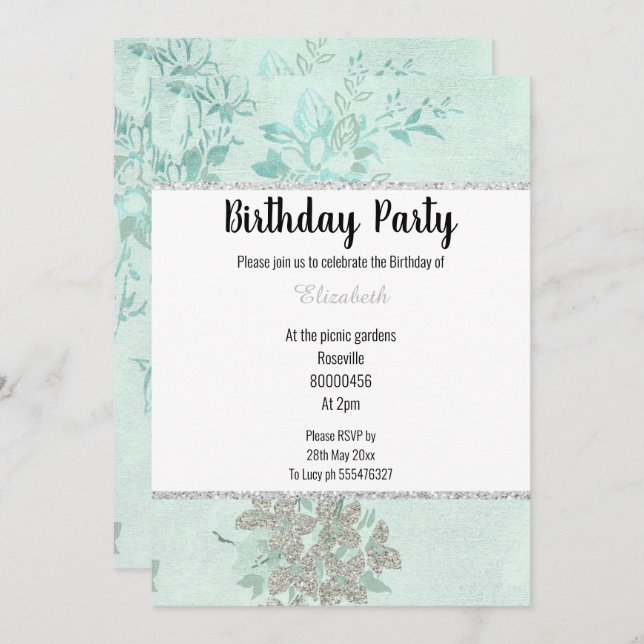ELEGANT AQUA GREEN BLUE SILVER BIRTHDAY INVITATION (Front/Back)