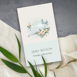 Elegant Aqua Grey Sewing Machine Floral Tailor Business Card