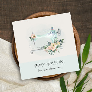 Elegant Aqua Grey Sewing Machine Floral Tailor Square Business Card