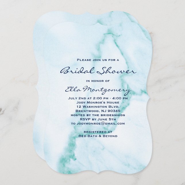 Elegant Aqua Marble Bridal Shower Invitation (Front/Back)