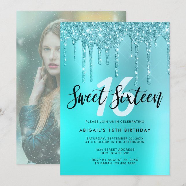 Elegant aqua mint glitter drips sweet sixteen invitation (Front/Back)