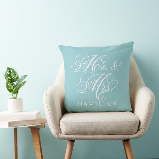 Elegant Aqua Mr and Mrs Script Wedding Cushion (Chair)