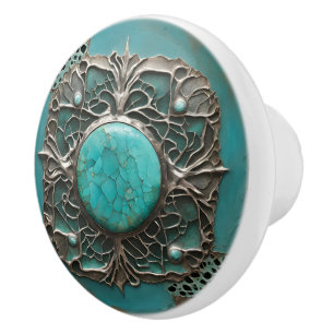 Elegant Aqua & Pewter Swirl Art Ceramic Knob
