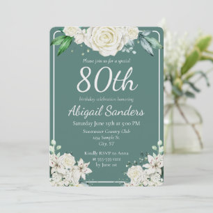 Elegant Aqua Rose Floral 80th Birthday Party  Invitation