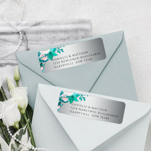 Elegant Aqua Roses on Silver Wedding Return Address Label