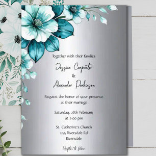 Elegant Aqua Roses & Silver Script Wedding Invitation