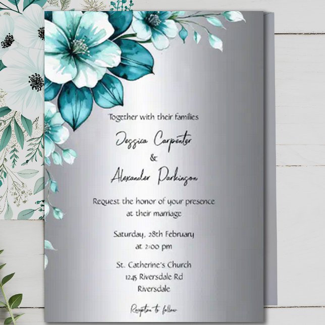 Elegant Aqua Roses & Silver Script Wedding Invitation (Creator Uploaded)