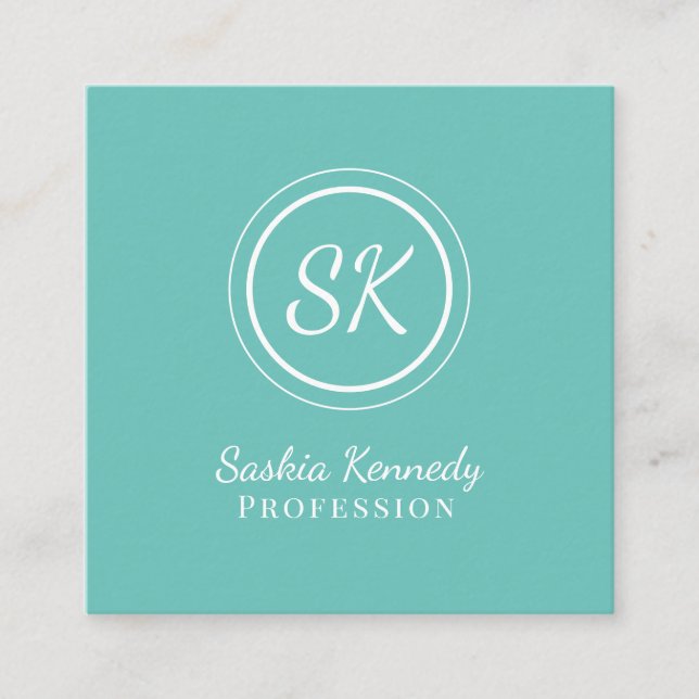 Elegant Aqua Script Professional Monogram Square Business Card (Front)