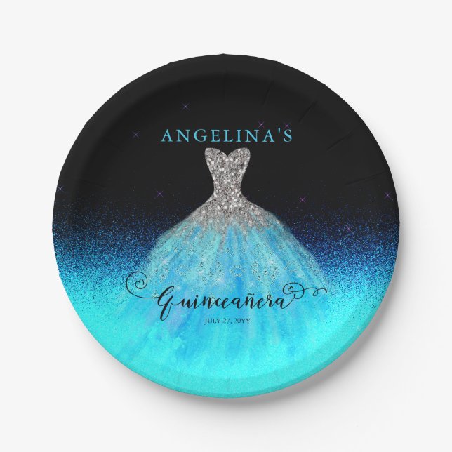 Elegant Aqua Spanish Gown Quinceañera Paper Plates (Front)