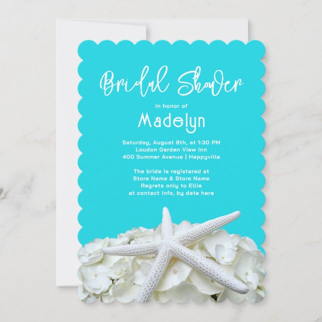 Elegant Aqua Starfish Hydrangea Bridal Shower Invitation (Front)