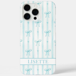 Elegant Aqua Striped Coquette Bows Monogrammed iPhone 16 Pro Max Case