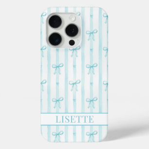 Elegant Aqua Striped Coquette Bows Monogrammed iPhone 15 Pro Case