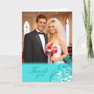 Elegant aqua swirls wedding thank you photo card