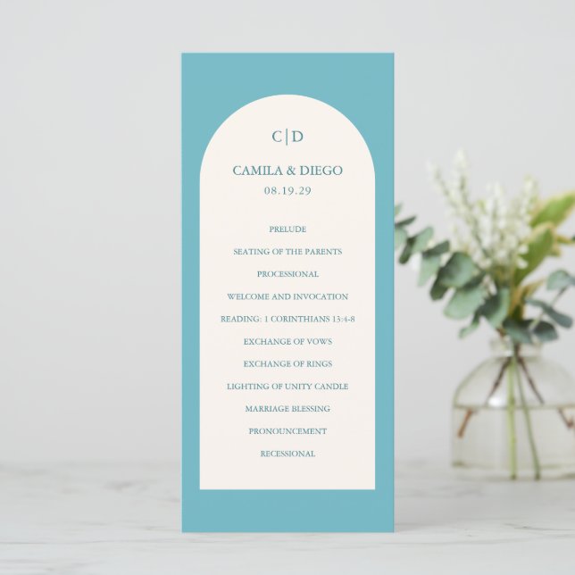 Elegant Aqua Teal Arch Modern Wedding Program (Standing Front)