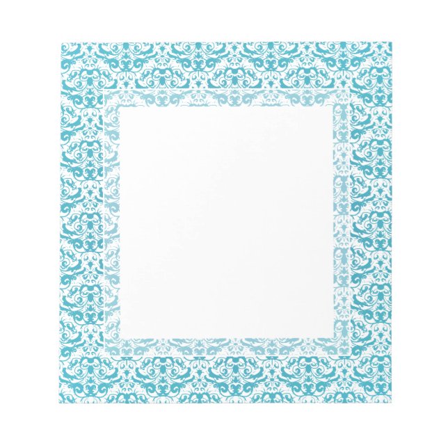 Elegant Aqua Teal Blue Calligraphic Damask Notepad (Front)