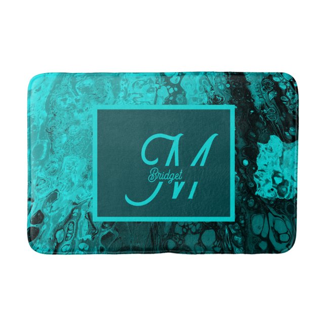 Elegant Aqua Teal bold Script Monogram Bath Mat (Front)
