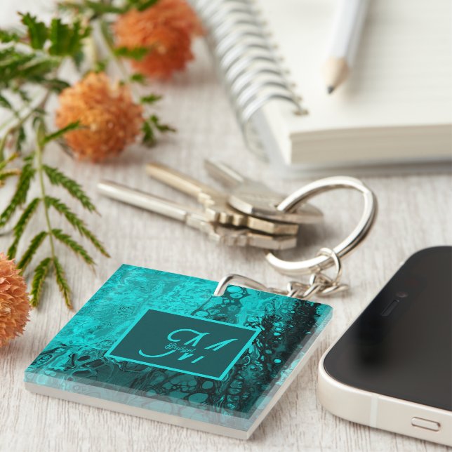 Elegant Aqua Teal bold Script Monogram Key Ring (Front Right)