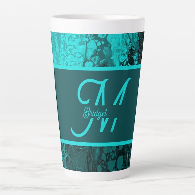Elegant Aqua Teal bold Script Monogram Latte Mug (Front)