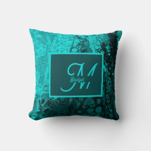 Elegant Aqua Teal marble bold typography Monogram Cushion