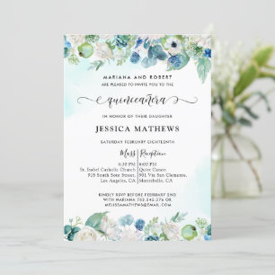 Elegant Aqua Teal Quinceañera Watercolor Floral In Invitation