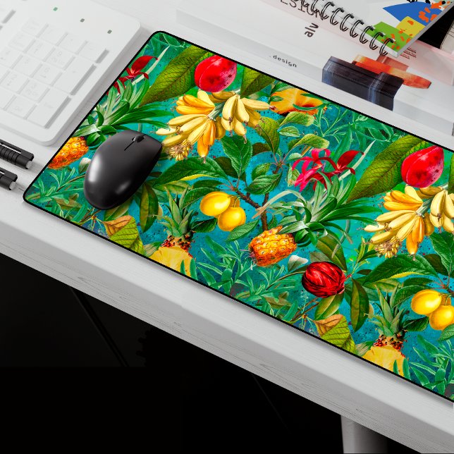 Elegant aqua tropical leaves fruits pattern  desk mat (Creator Uploaded)