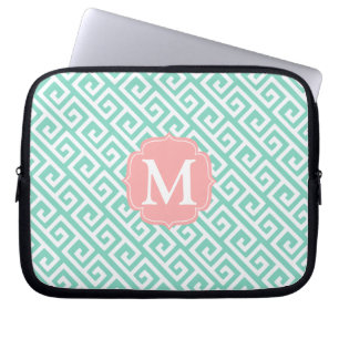 Elegant Aqua Turquoise Blue Greek Key Personalised Laptop Sleeve