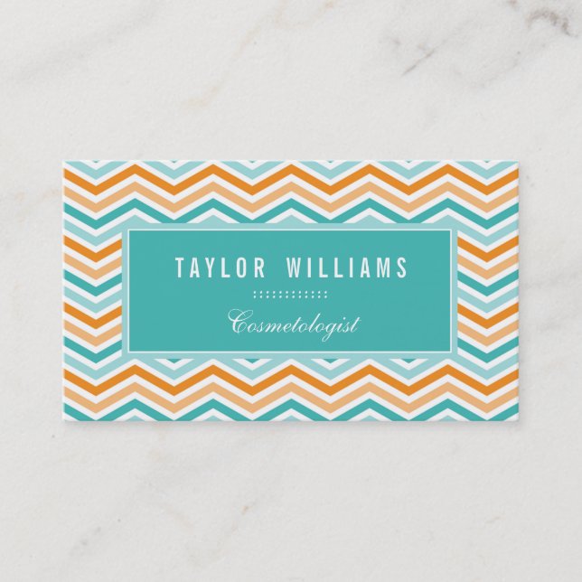Elegant, Aqua Turquoise & Orange Chevron Business Card (Front)