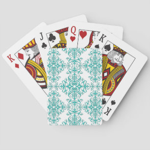 Elegant Aqua Turquoise over White Damask Pattern Playing Cards