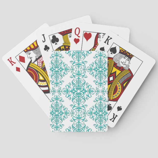 Elegant Aqua Turquoise over White Damask Pattern Playing Cards (Back)