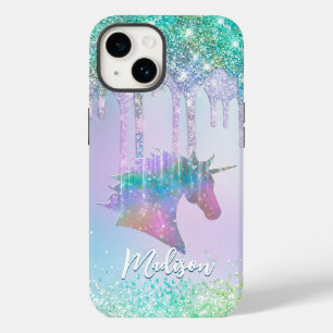 Elegant aqua Unicorn Glitter Drips monogram Case-Mate iPhone 14 Case