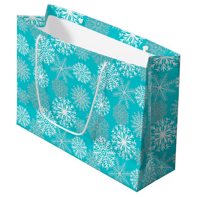 Elegant Aqua White Gold Winter Snowflake Christmas Large Gift Bag (Front Angled)