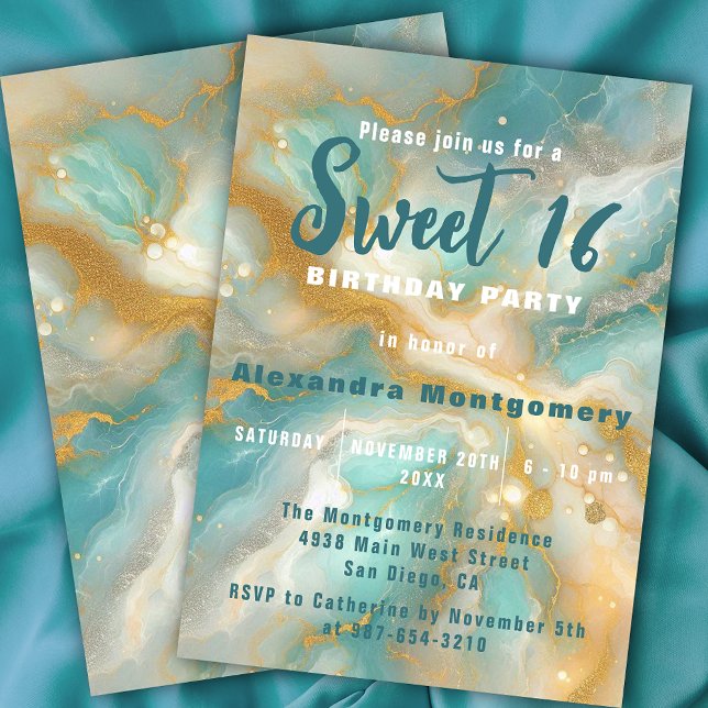 Elegant Aquamarine Marble Gold Glitter Sweet 16 Invitation (Creator Uploaded)