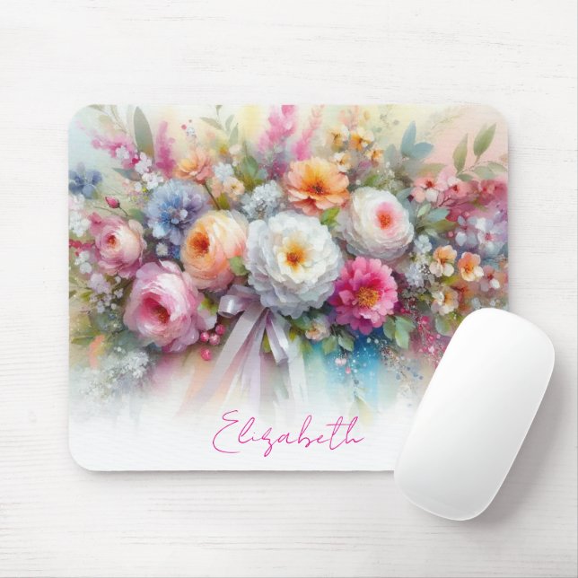 Elegant Aquarell Floral Art Your Custom Text Name Mouse Pad (With Mouse)
