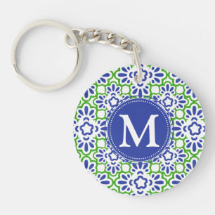 Elegant Arabesque Damask Blue & Green Personalised Key Ring