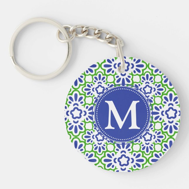 Elegant Arabesque Damask Blue & Green Personalised Key Ring (Front)
