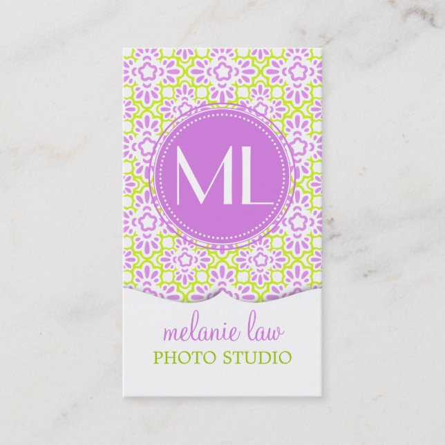 Elegant Arabesque Damask Lilac Purple Personalised Business Card (Front)
