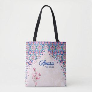 Elegant Arabesque Floral Tote Bag   Teal & Gold