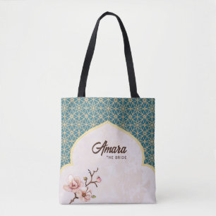 Elegant Arabesque Floral Tote Bag Teal & Gold