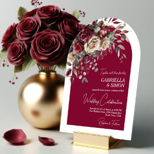 Elegant Arch Burgundy & Cream Roses Wedding Invitation