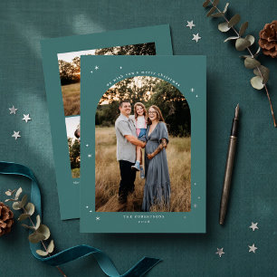 Elegant Arch Christmas Photo - Teal Foil Holiday Card