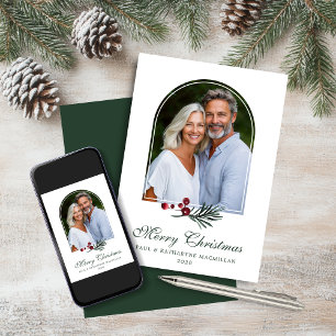 Elegant Arch Dark Green Botanical Holiday Photo Card