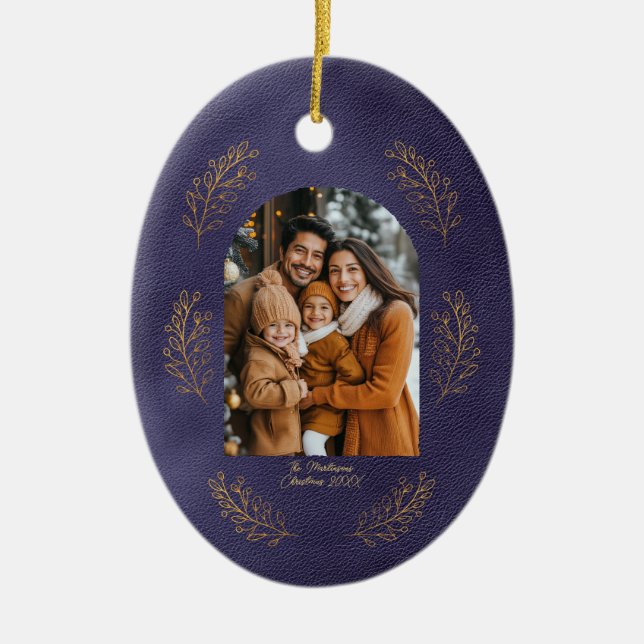 Elegant Arch Family Photo Leaves Blue Christmas Ceramic Ornament (Front)