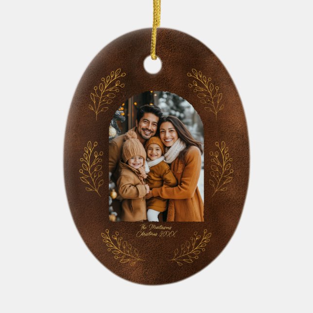 Elegant Arch Family Photo Leaves Brown Christmas Ceramic Ornament (Front)