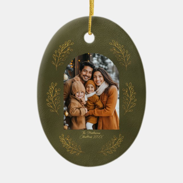 Elegant Arch Family Photo Leaves Green Christmas Ceramic Ornament (Front)