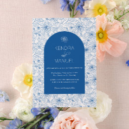 Elegant Arch Floral Toile French Blue Wedding Invitation