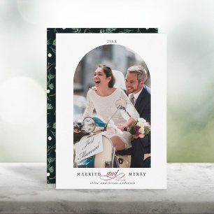 Elegant Arch Frame Married and Merry Photo Holiday Card