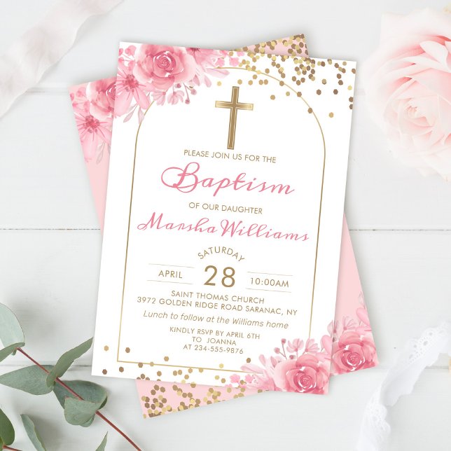 Elegant Arch Gold Glitter Pink Floral Girl Baptism Invitation (Creator Uploaded)