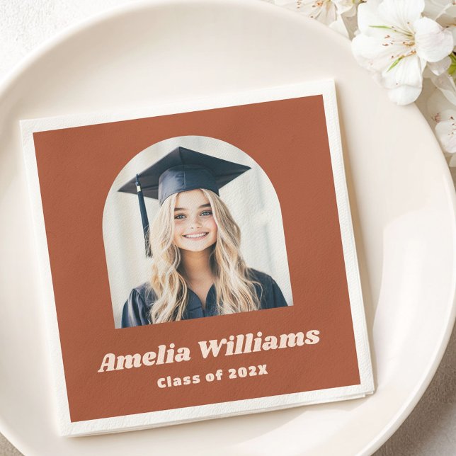 Elegant arch graduate photo retro name terracotta napkin (Elegant arch graduate photo retro name terracotta napkins)